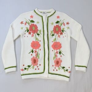 VINTAGE Starlight Trading White Cream Floral Cardigan Sweater Size Medium Granny